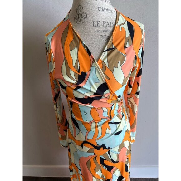 Julian Chang Womens Long Sleeve Abstract Print Wrap Maxi Romper Dress Size S - Picture 3 of 11